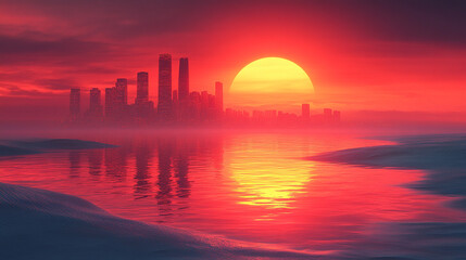 Fiery Sunset Over City Island, Calm Water Reflection