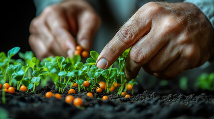 Farmer hands planting seeds in soil, seedlings growing, fertile land