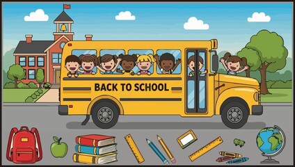 july 29,2025 Happy Diverse Kids on School Bus with School Building and Supplie