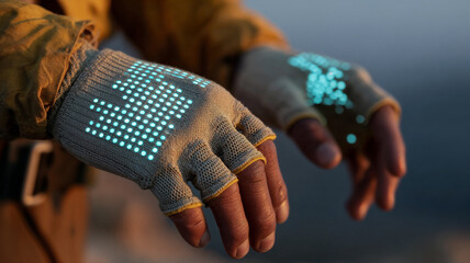 Smart gloves with LED display showing futuristic wearable technology