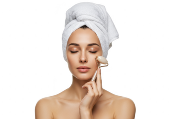 Woman with towel on head using jade roller isolated on transparent background