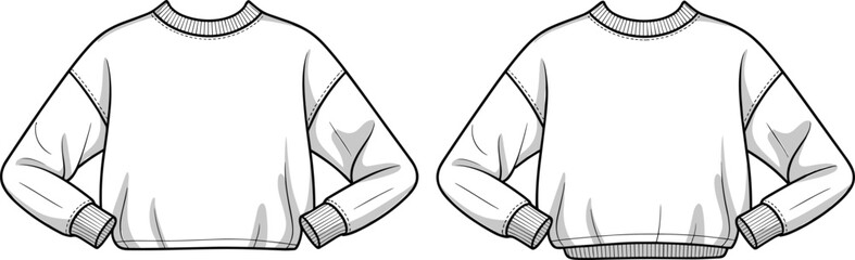 Sweatshirt fashion vector, CAD illustration front back, crewneck and V-neck design, flat garment sketch, stylish clothing template, apparel drawing