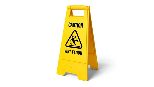 Caution wet floor sign stands alerting to risk of slippery surface and potential for slips