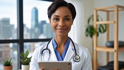 A professional physiotherapist with a warm and caring expression, having a medium brown skin tone and short dark hair,  with a city skyline visible through the window, utilizing a combination of vibra