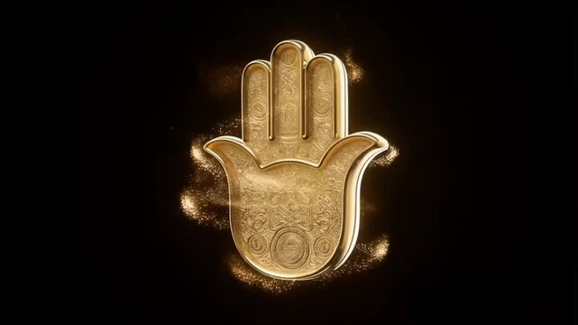 Golden Hamsa Hand: A radiant golden hamsa hand is presented, with a detailed symbol of protection and divine power, evoking a sense of spirituality and mystique.