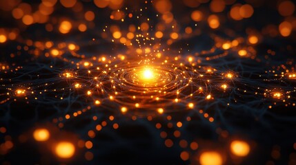 Golden light nodes connect on dark lines, network data transfer. Use it for tech, future, abstract, innovation, or connection concepts.