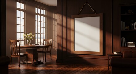Sunlight streams into a wood-paneled room, illuminating a dining table and blank picture frame.