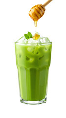 Aesthetic matcha drink topped with dripping honey and ice PNG
