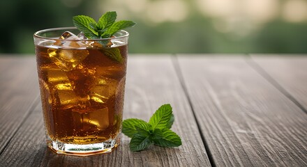 Refreshing iced tea with mint and ice cubes sits on rustic wooden table outside enjoying light