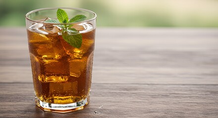 Iced tea with mint sprig on wooden surface offers refreshing, cool and vibrant summer beverage.