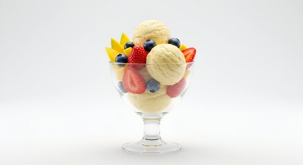 Refreshing ice cream sundae with fresh berries and mango chunks presented in a glass bowl.