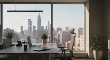Bright office workspace overlooks a blurred cityscape through a large window during daytime sunlight