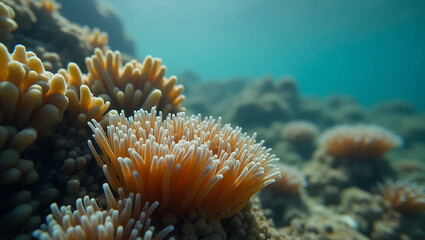 Vibrant orange sea anemone flourishing on a rocky reef, a glimpse into the diverse marine ecosystem.