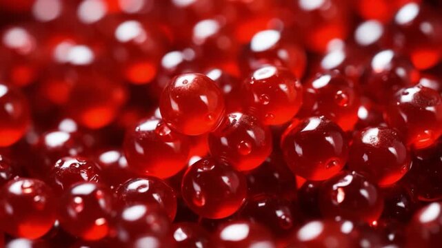 Crimson Delights: A close-up view showcases a cluster of glistening red caviar, offering a visual feast of texture and rich color, suggestive of luxury and indulgence.