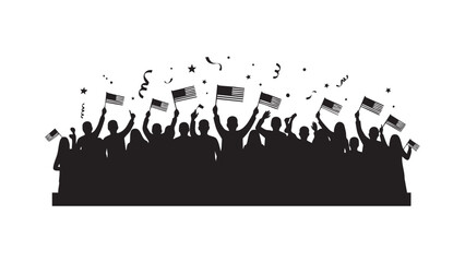 Silhouette of cheering crowd at concert with hands raised in high energy black design