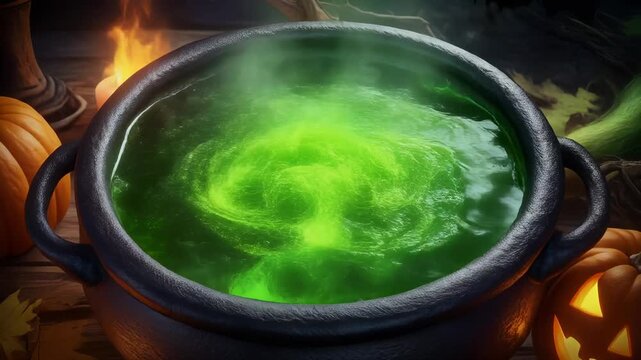 halloween witches cauldron with green bubbling potion