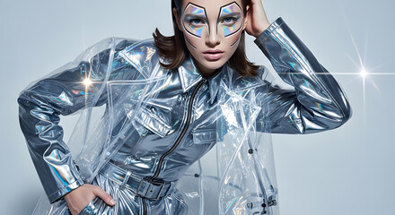 Futuristic woman in iridescent, translucent coat and jumpsuit