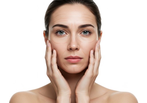 Woman touching face gently isolated on transparent background