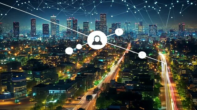 Connected city network at night with social media connection illustration - Powered by Adobe