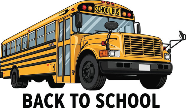 Illustration of a yellow school bus with back to school text below it