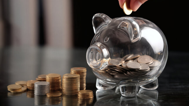 A close-up shot of a glass piggy bank on a reflective black surface, with dramatic light highlighting the coin stacks inside, giving a feeling of protection and valuable savings.