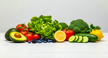 Fresh Vegetables & Fruits on Clean Background