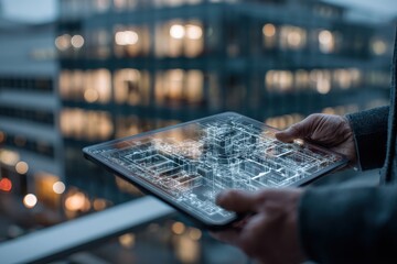 A professional examining a digital blueprint on a tablet against a cityscape backdrop