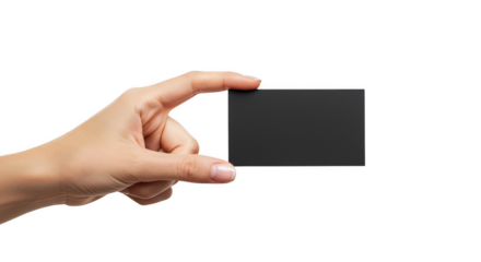 Hand holding a small black square isolated on transparent background