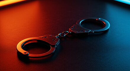 Handcuffs on a Black Surface with Dramatic Lighting Crime Concept