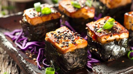 Delectable chunks of marinated tofu are nestled a a bed of shreds of purple cabbage all enveloped in a soft layer of seaweed.