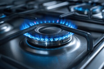 Close-up of a gas stove burner igniting with vibrant blue flames in a modern kitchen setting