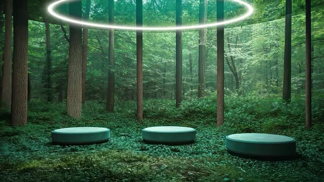 Lush forest with teal-colored platforms under a glowing ring