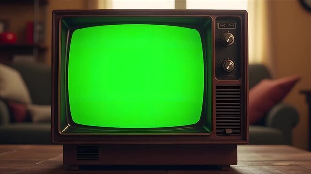 Green screen TV with a vintage mock-up chroma key frame, glowing slightly as digital noise plays and the scene expands.