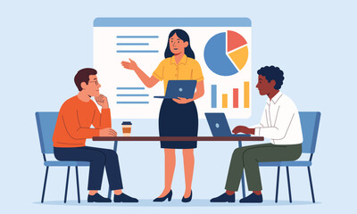 Illustration of a business meeting where a woman is giving a presentation to two colleagues seated at a table.