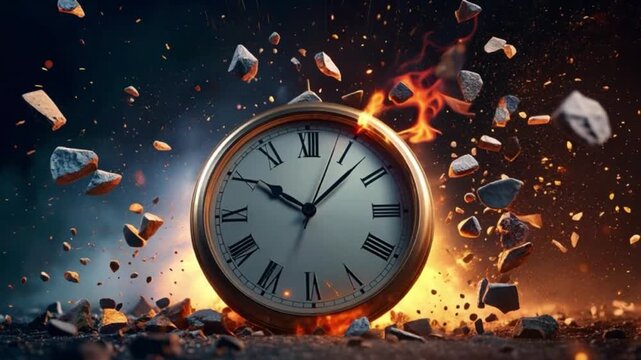 A cinematic and dramatic slow-motion explosion of a classic clock, with metallic fragments, gears, and dust flying outward in chaos, symbolizing the end of time and fleeting moments