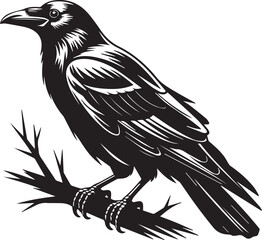 Obraz premium Crow on Branch Vector – Black and White Silhouette with Stark Shadows
