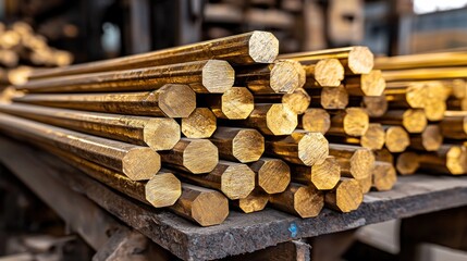 Stacked hexagonally-shaped, golden metal rods on textured surface