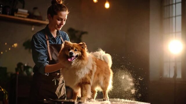 A joyful dog is being professionally groomed as fur floats and flies through the air in a cinematic, studio-lit environment; capturing the lively motion and happiness of pet grooming