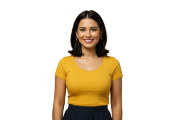 Smiling woman in yellow top isolated on transparent background