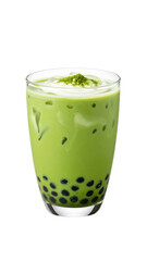 Iced matcha with black pearls and milk swirl PNG