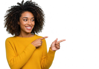 Smiling woman pointing to the side isolated on transparent background