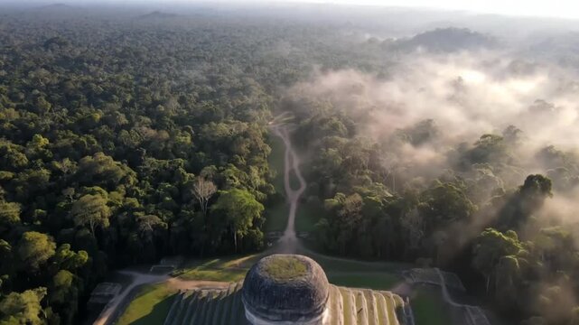 An aerial perspective showcases the majestic mayan pyramid of tikal rising above the lush guatemalan jungle, shrouded in morning mist