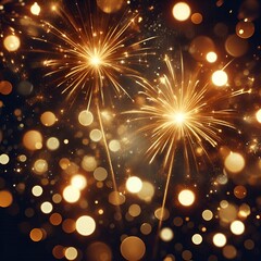 Obraz premium Golden fireworks explode in a dark sky, lighting up the night with shimmering bokeh effect orbs.