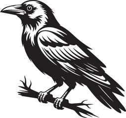 Obraz premium Crow on Branch Vector – Black and White Silhouette with Stark Shadows