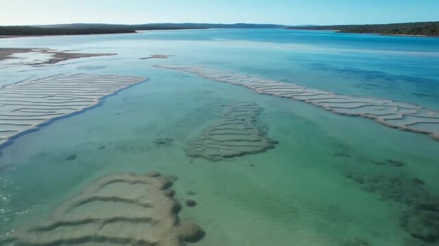 An aerial view of lake thetis in western australia showcases the unique stromatolites and clear turquoise water along the coast