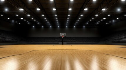 Empty Basketball Court with Bright Lights and Wooden Flooring