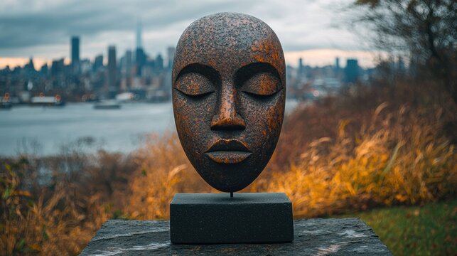 Stone mask sculpture with eyes closed, cityscape backdrop