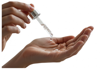 Hand applying serum from dropper isolated on transparent background