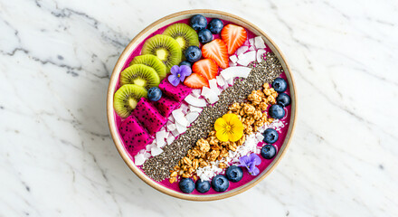 Tropical Smoothie Bowl Flat Lay with Fresh Berries and Seeds