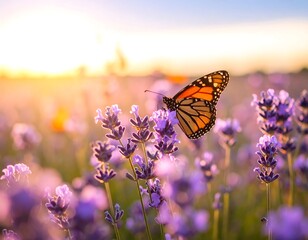 Butterfly on lavender field at sunset